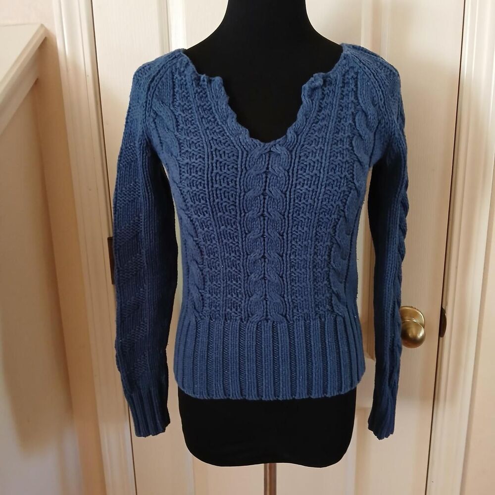 Y2K 90s Vintage Tommy Hilfiger Chunky Cable Knit Ruffle V-Neck Sweater S Petite
